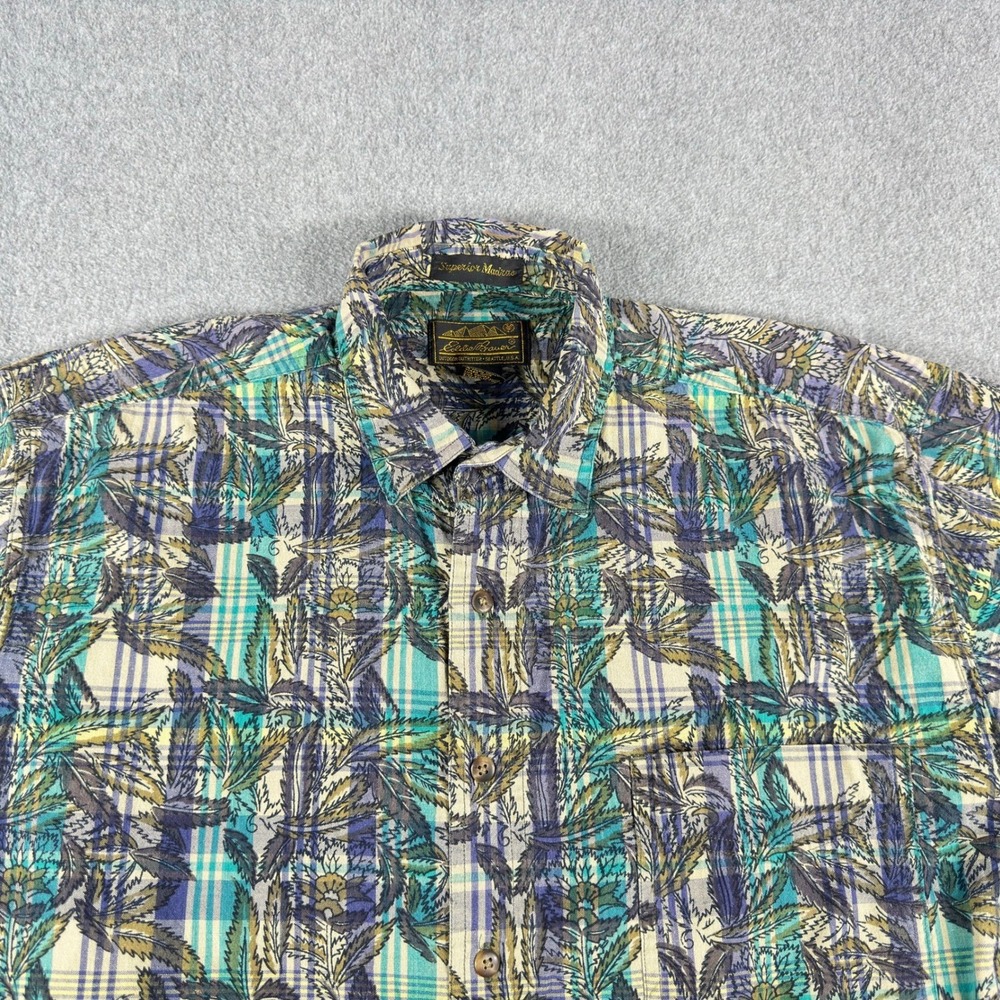 Vintage Eddie Bauer Superior Madras Short Sleeve Button L Cotton